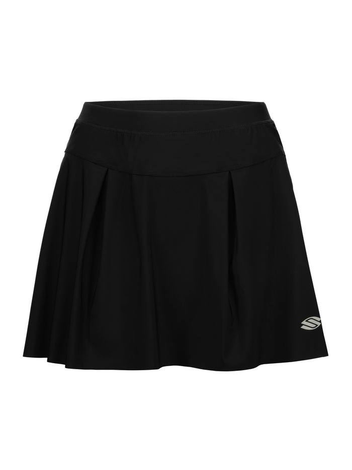 Front view of Women’s Pro Line Woven Pickleball Skirt showcasing black pleats and Selkirk logo with white background