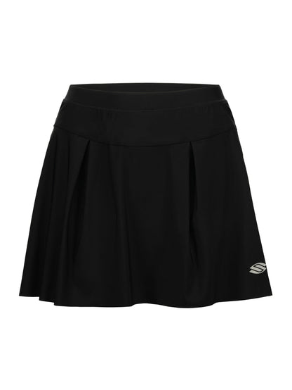 Front view of Women’s Pro Line Woven Pickleball Skirt showcasing black pleats and Selkirk logo with white background