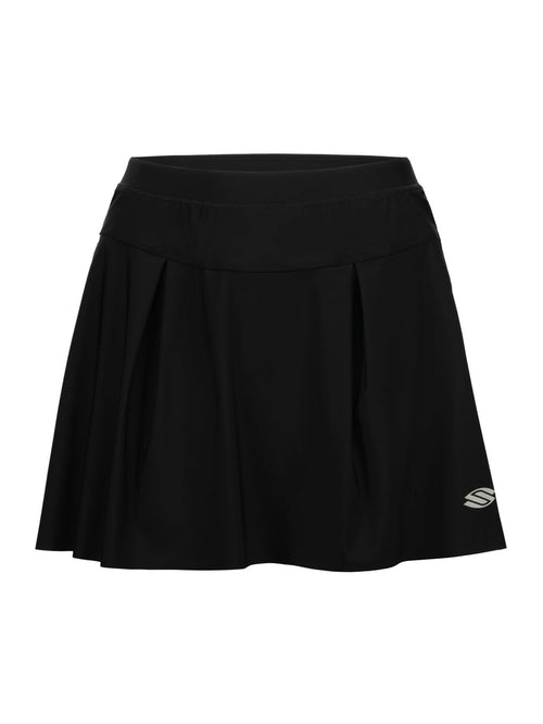 Front view of Women’s Pro Line Woven Pickleball Skirt showcasing black pleats and Selkirk logo with white background