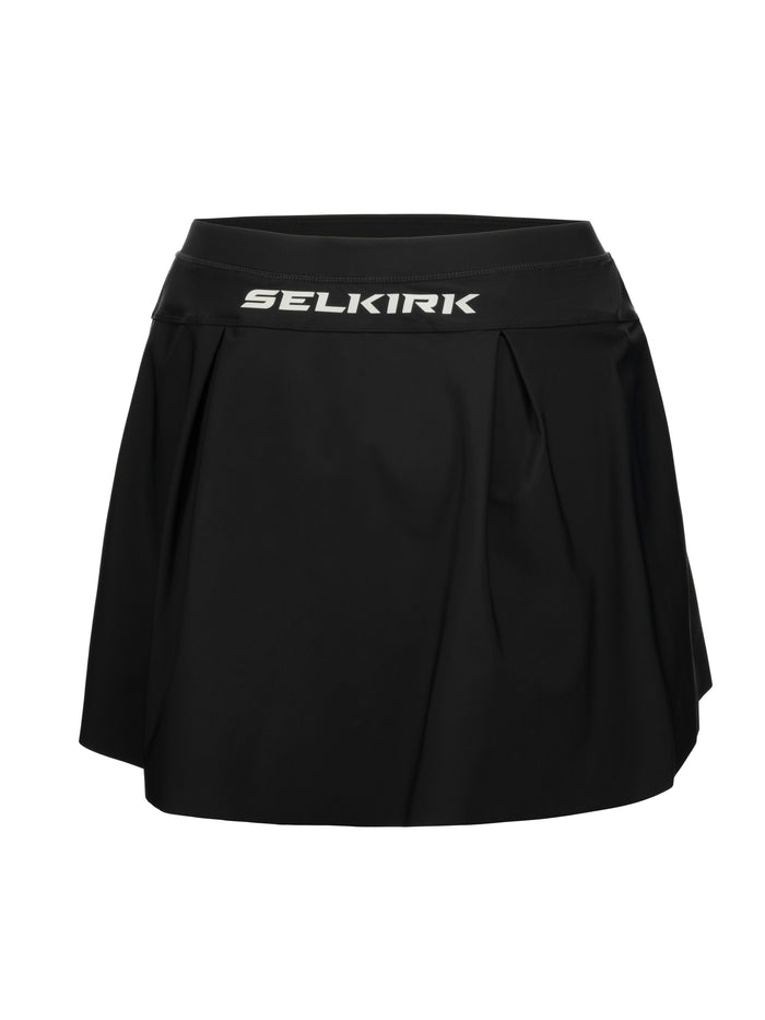 Black pleated athletic skirt with 'SELKIRK' logo on waistband.