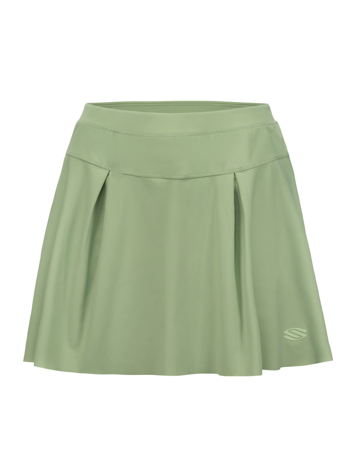 Front view of Women’s Pro Line Woven Pickleball Skirt showcasing sage-green pleats and Selkirk logo on a white background