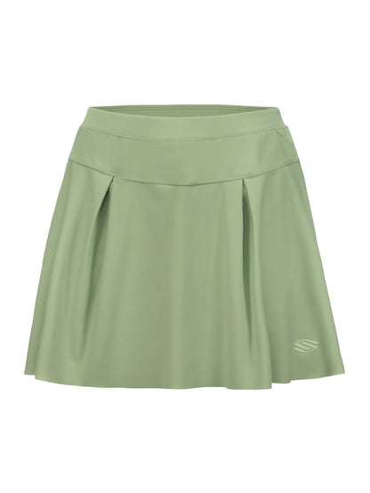 Front view of Women’s Pro Line Woven Pickleball Skirt showcasing sage-green pleats and Selkirk logo on a white background
