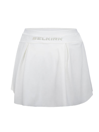 White pleated tennis skirt with SELKIRK logo centered on the waistband