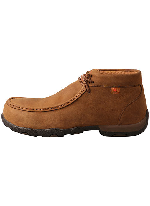 A side view of a brown Twisted X women's steel toe driving moc shoe.