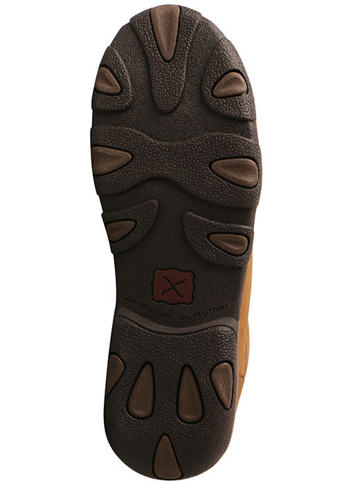 A rubber outsole view of a brown Twisted X women's steel toe driving moc shoe.