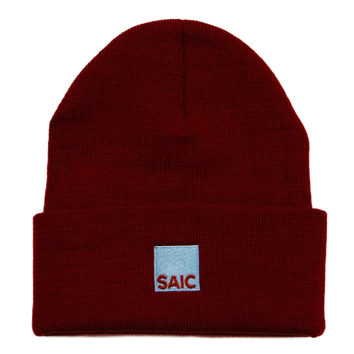 Maroon beanie with a small logo on a white background