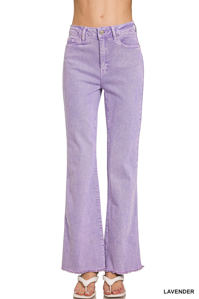 Zenana Acid Washed Frayed Cutoff Hem Straight Wide Pants - 31" Inseam