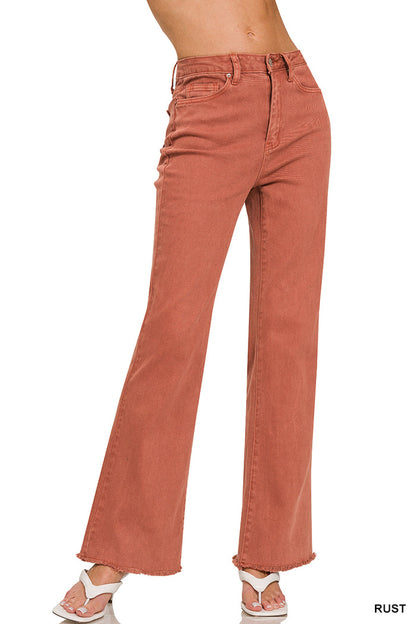 Zenana Acid Washed Frayed Cutoff Hem Straight Wide Pants - 31" Inseam
