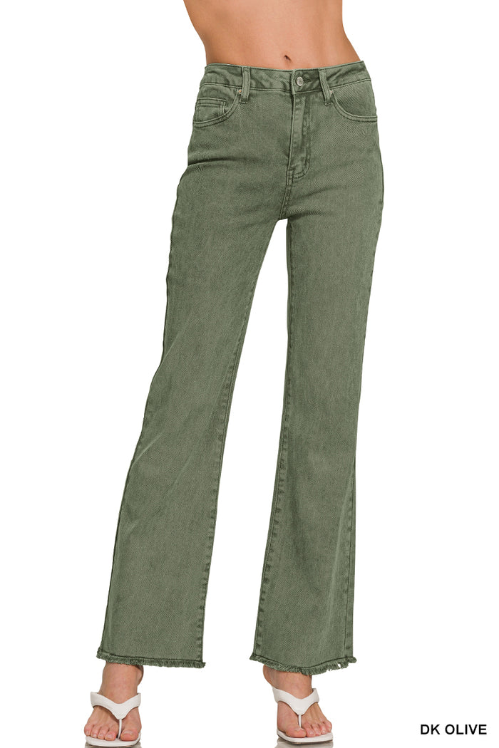 Zenana Acid Washed Frayed Cutoff Hem Straight Wide Pants - 31" Inseam