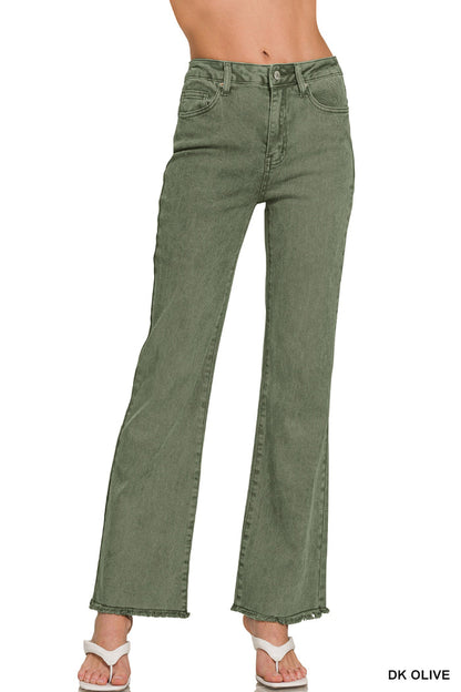 Zenana Acid Washed Frayed Cutoff Hem Straight Wide Pants - 31" Inseam