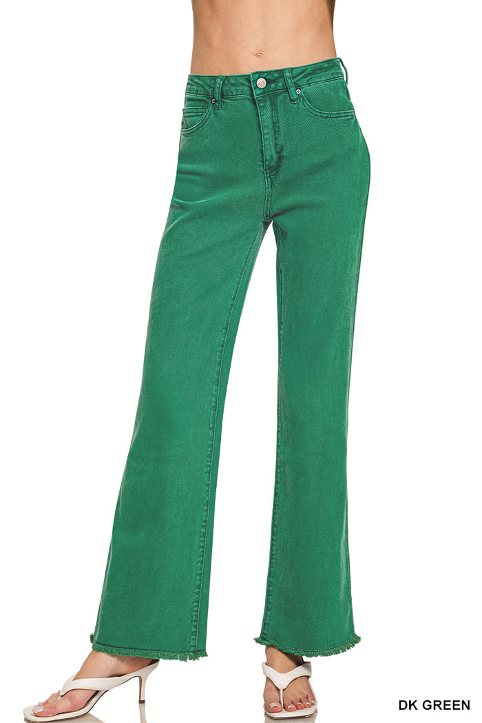 Zenana Acid Washed Frayed Cutoff Hem Straight Wide Pants - 31" Inseam
