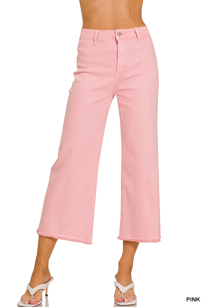 Zenana Acid Washed High Waist Frayed Hem Straight Leg Pants - 25" Inseam