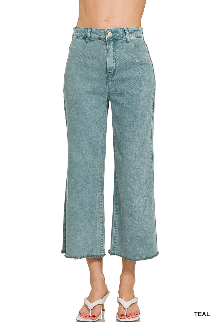 Zenana Acid Washed High Waist Frayed Hem Straight Leg Pants - 25" Inseam