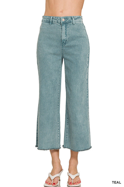 Zenana Acid Washed High Waist Frayed Hem Straight Leg Pants - 25" Inseam
