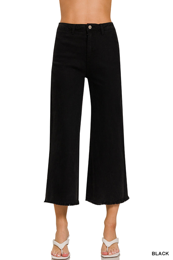 Zenana Acid Washed High Waist Frayed Hem Straight Leg Pants - 25" Inseam