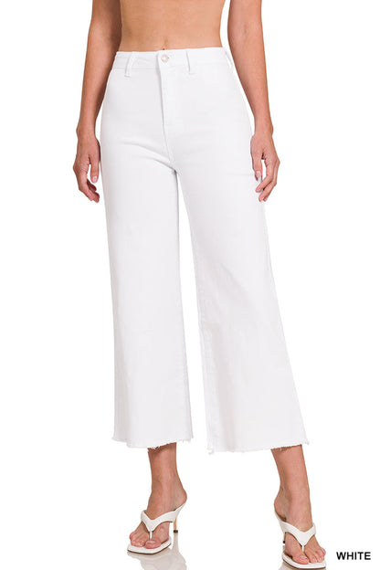 Zenana Acid Washed High Waist Frayed Hem Straight Leg Pants - 25" Inseam