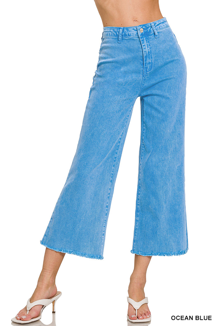 Zenana Acid Washed High Waist Frayed Hem Straight Leg Pants - 25" Inseam