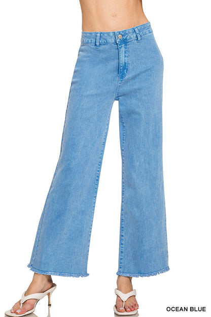 Zenana Acid Washed High Waist Frayed Hem Straight Leg Pants - 28" Inseam