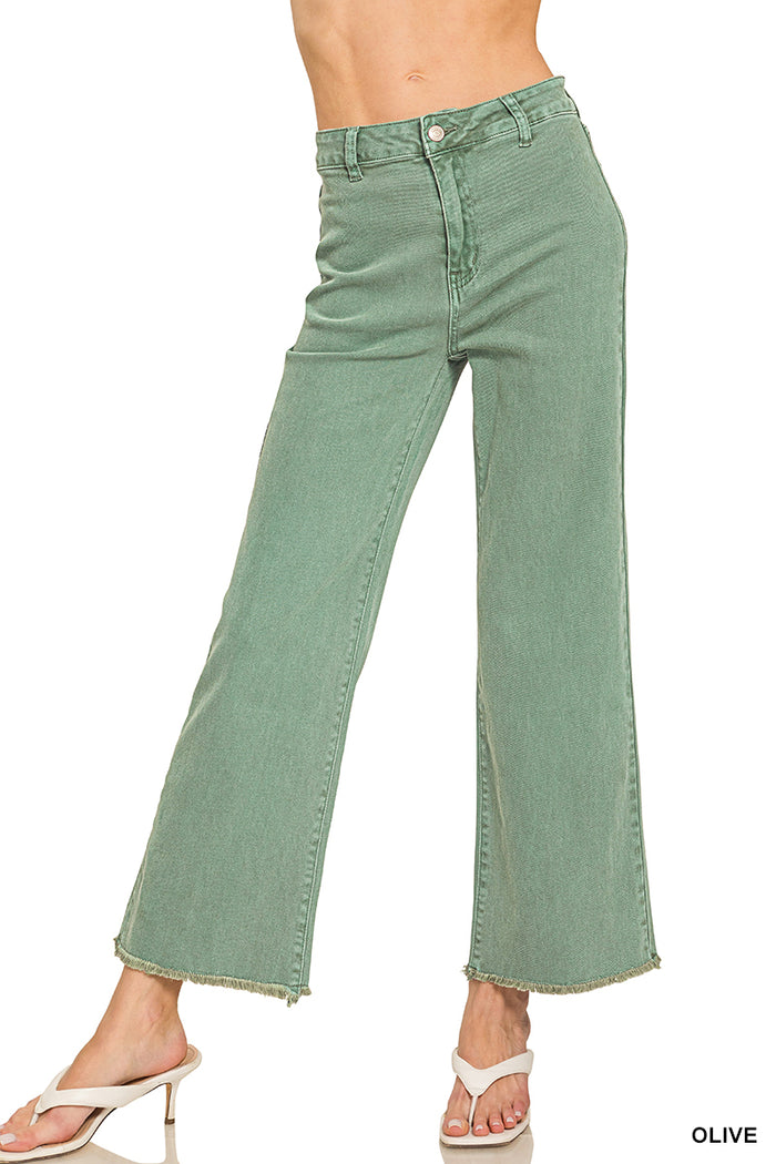 Zenana Acid Washed High Waist Frayed Hem Straight Leg Pants - 28" Inseam