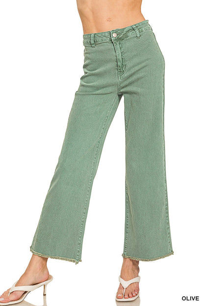 Zenana Acid Washed High Waist Frayed Hem Straight Leg Pants - 28" Inseam