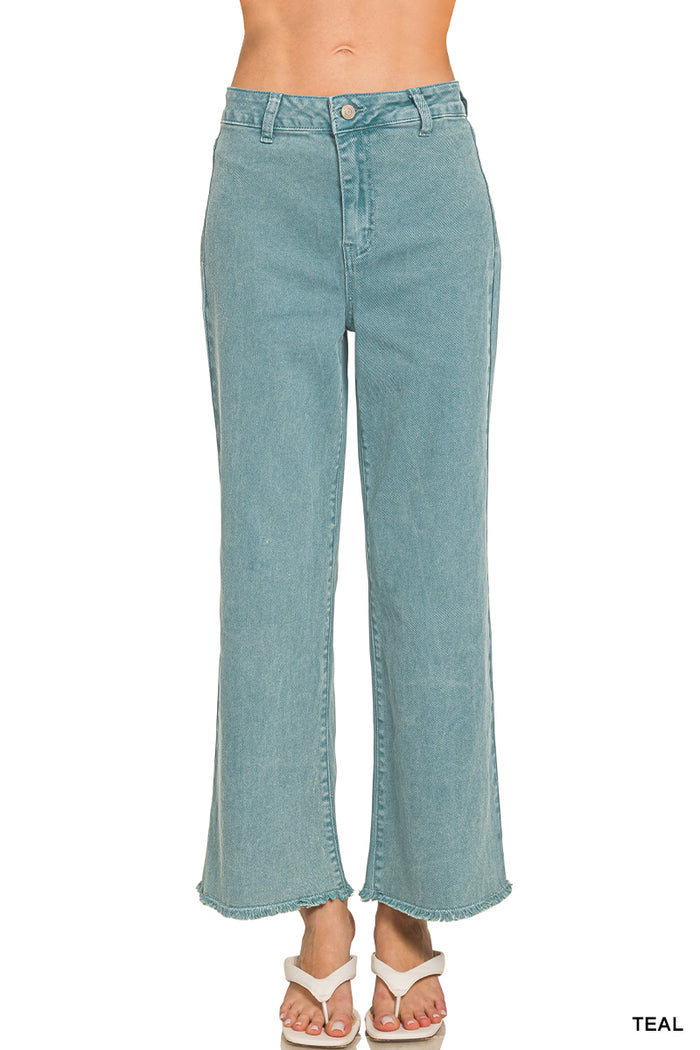 Zenana Acid Washed High Waist Frayed Hem Straight Leg Pants - 28" Inseam