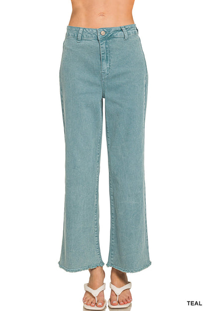 Zenana Acid Washed High Waist Frayed Hem Straight Leg Pants - 28" Inseam