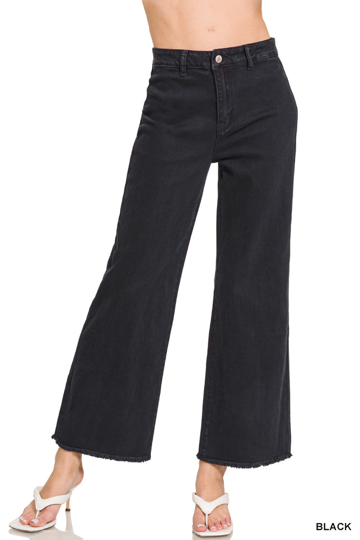 Zenana Acid Washed High Waist Frayed Hem Straight Leg Pants - 28" Inseam