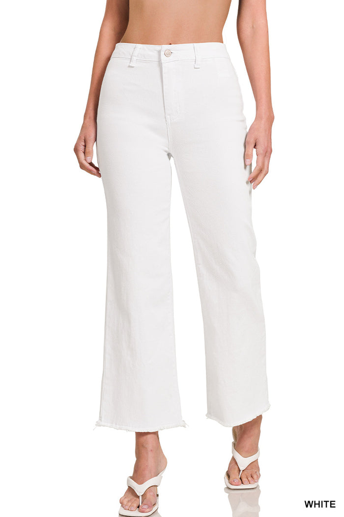 Zenana Acid Washed High Waist Frayed Hem Straight Leg Pants - 28" Inseam