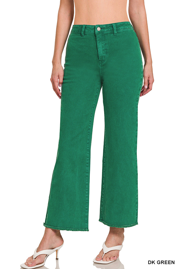 Zenana Acid Washed High Waist Frayed Hem Straight Leg Pants - 28" Inseam