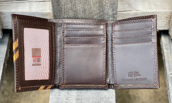 Zep-Pro Auburn University Brown Debossed Tri-fold Leather Wallet inside view showing:
6 interior credit card slots
2 interior pockets
1 ID window
2 bill/cash compartments