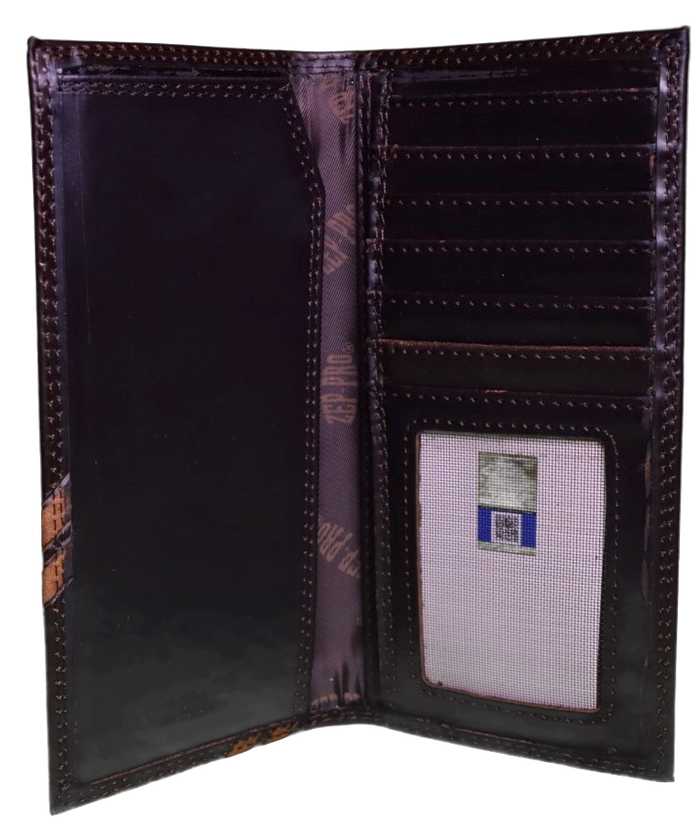 Zep-Pro Leather Clemson University Tigers Brown Debossed Tall Wallet showing:
6 interior credit card slots
1 ID window
2 bill/cash compartments