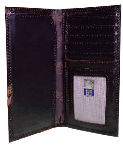 Zep-Pro Leather Clemson University Tigers Brown Debossed Tall Wallet showing:
6 interior credit card slots
1 ID window
2 bill/cash compartments