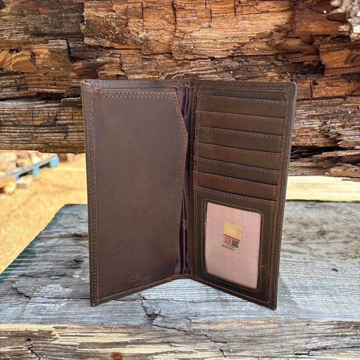 Zep-Pro Brown Crazy Horse Leather Tall Wallet showing inside view featuring:
6 interior credit card slots
1 ID window
2 cash compartments