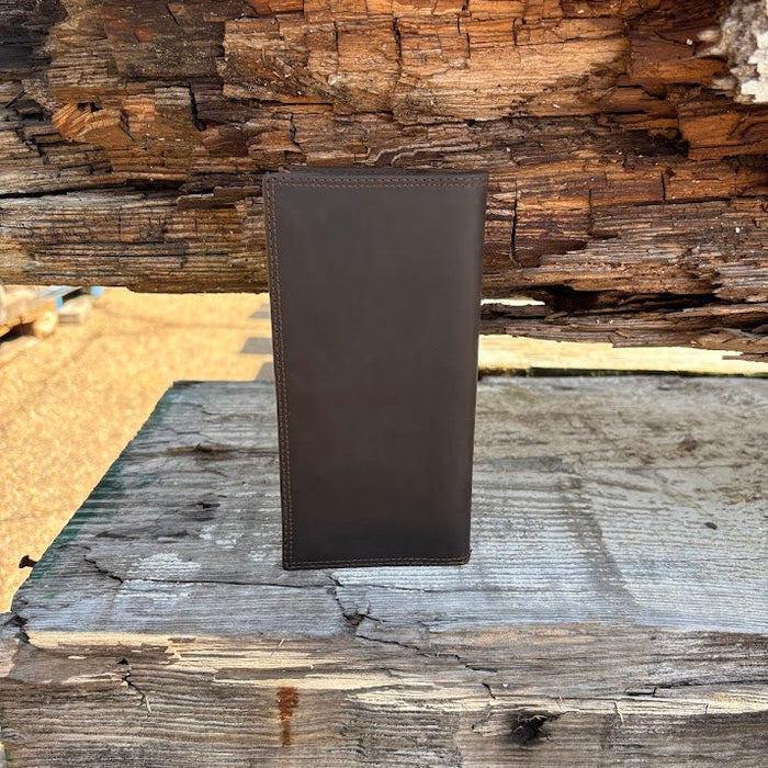 Zep-Pro Brown Crazy Horse Leather tall checkbook wallet. Rear View